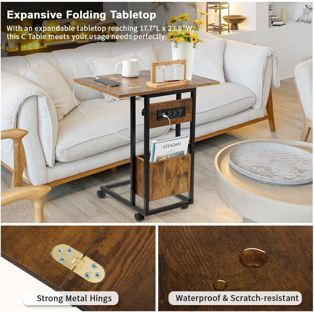Hadulcet C Shaped End Table with Charging Station & Foldable Tabletop, Fo...