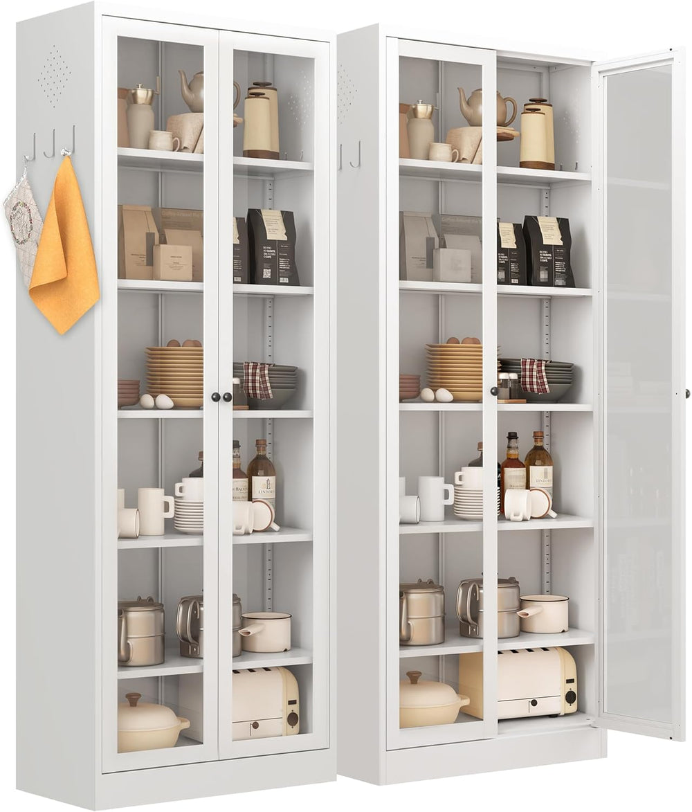 IKIMI 72" Metal Storage Cabinets with Glass Doors and 5 Shelves,White Ki...