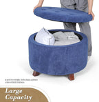 Athena Collection 24.5 Inch Small Ottoman with Storage, Round Linen Fabric Storage Ottoman Foot Rest with Removable Lid, Multipurpose Footstool Footrest for Livingroom, Bedroom, Dorm, Blue