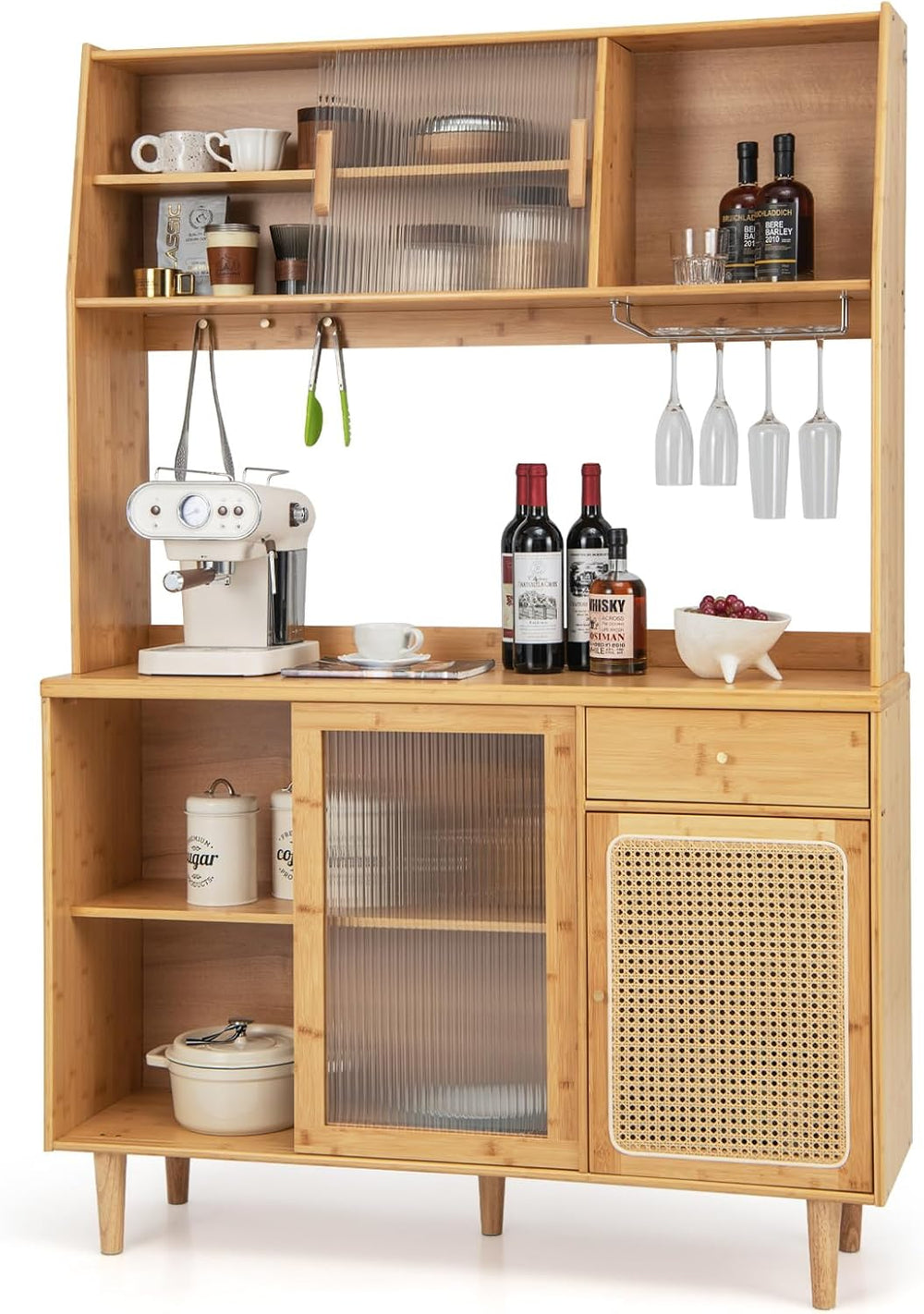 67" Tall Kitchen Pantry Storage Cabinet, Bamboo Hutch Cabinet with Micro...