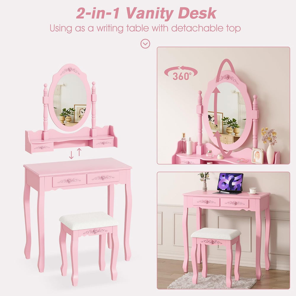 Alohappy Vanity Desk Set with Mirror & Stool for Girls, Pink | Makeup Van...