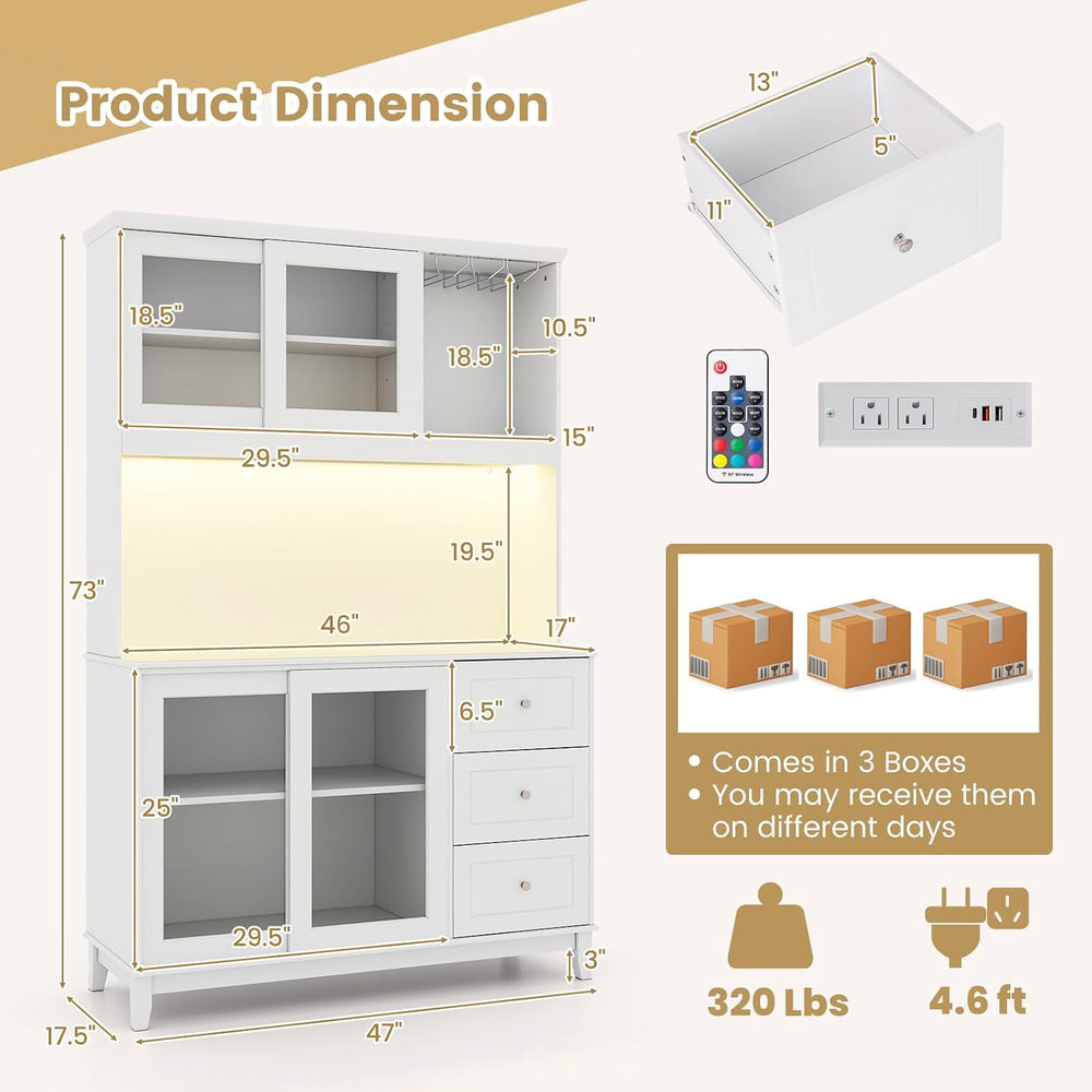 73” Kitchen Pantry Storage Cabinet w/Power Outlets & Led Lights | Tall Cu...