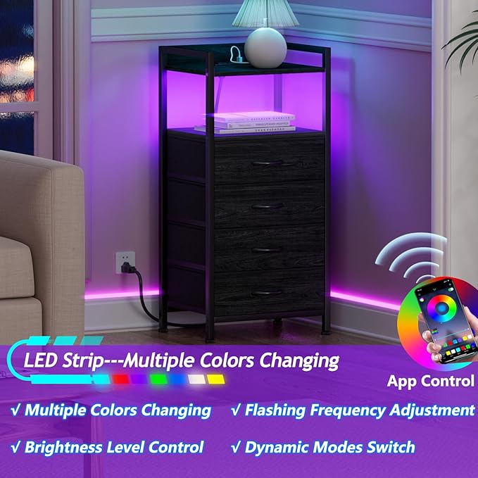 Furnulem Night Stand with Charging Station, Black Nightstand with Drawers and...