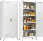 75" Tall White Metal Storage Cabinet with Doors, Heavy Duty | Freestanding Steel Kitchen Pantry Cabinet, 4 Adjustable Shelves (180 Lbs Load), Tall Cabinets for Home, Office and Garage