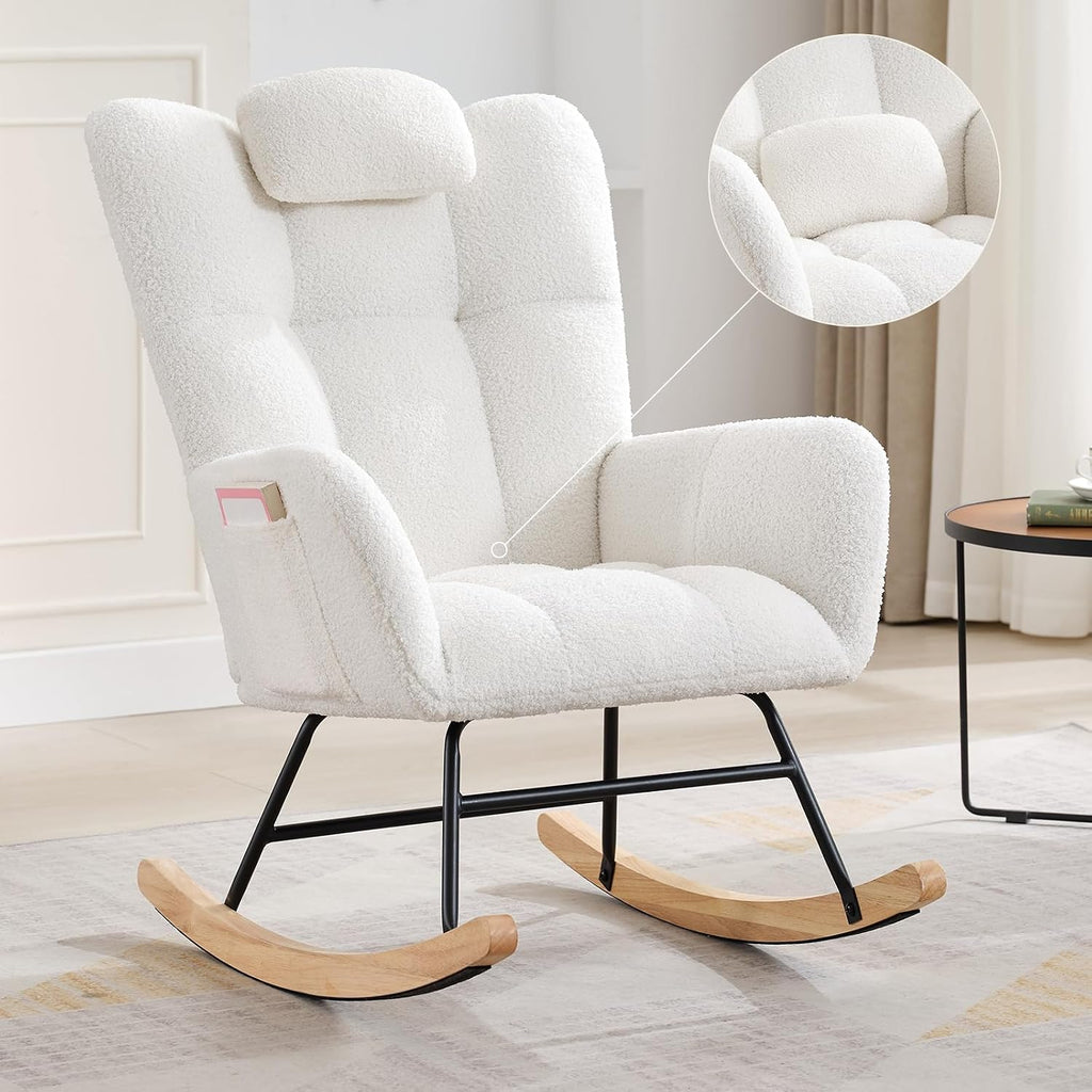 Rocking Chair Nursery, Teddy Upholstered Glider Rocker with High Backrest, Modern Rocking Accent Chair with Headrest, Comfy Armchair for Living Room, Bedroom, Offices, Beige