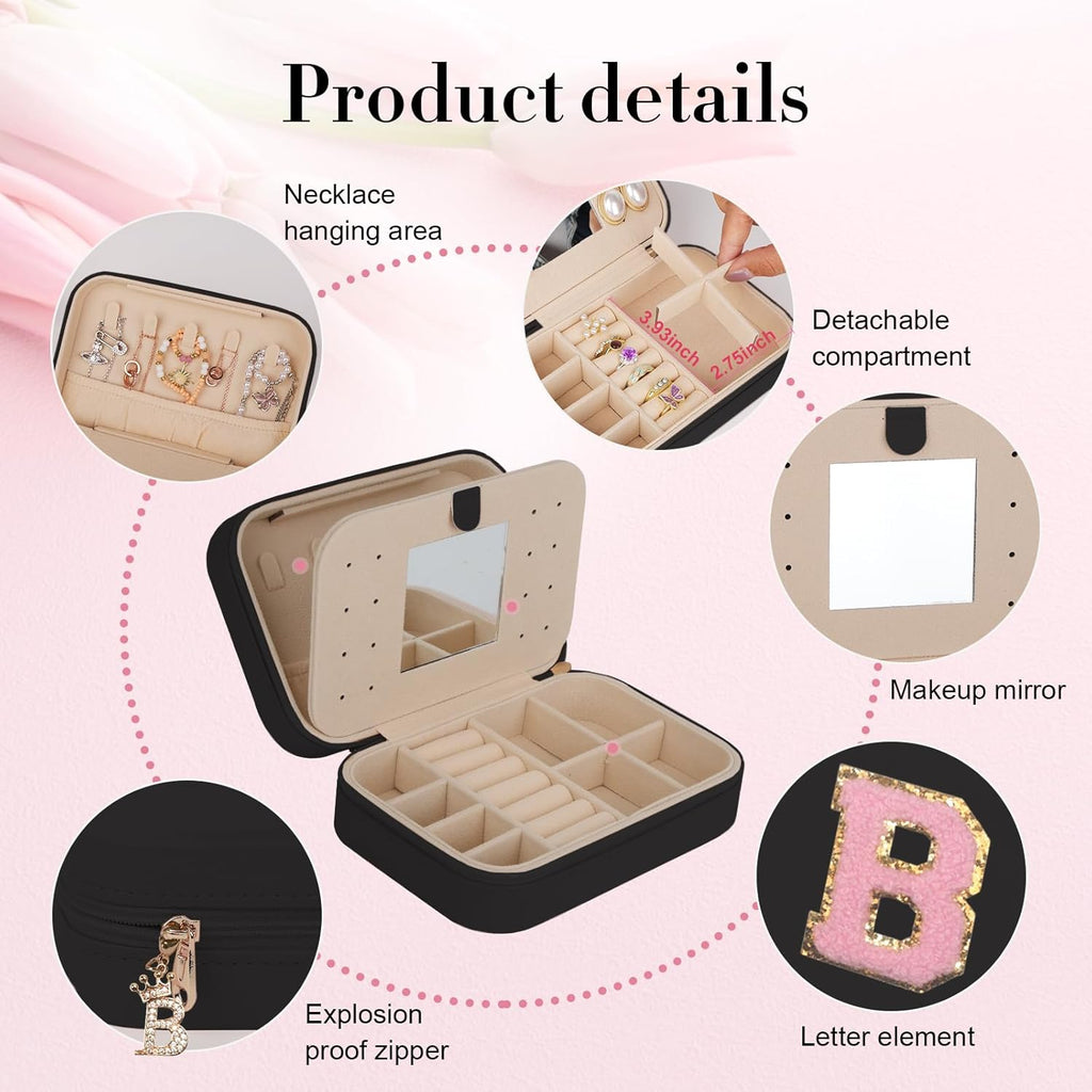 TopPerfekt Travel Jewelry Case, Jewelry Box with Mirror, Jewelry Organizer Bridal Shower Gifts to Her, Earring Storage Travel Case, Trendy Gift for Women and Girls, Girlfriend-Letter B, Black