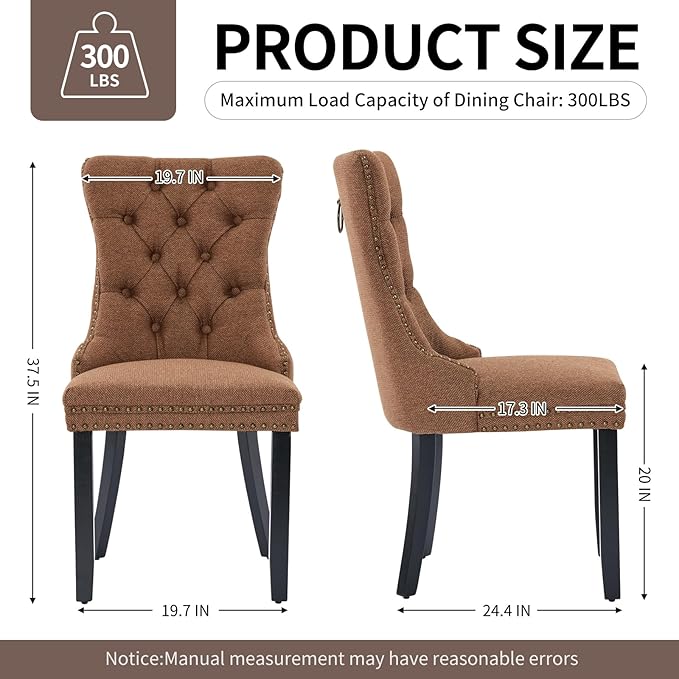 Brown Dining Chairs Set of 2, Upholstered Tufted Linen Fabric Dining Room Chairs with High Back, Nailhead Trim and Black Solid Wood Legs, Modern Dining Chair for Dining Room, Kitchen(Brown)