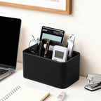 Caddy Organizer with Handle, PU Leather Remote Control Holder Desk Caddy, Portable Makeup Office Supply Organizer for Bathroom, Nightstand, Dresser (Black)