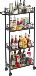Utility Slim Storage Cart, 4-Tier Storage Cart, Narrow Cart with Handle, 7.1 Inches Deep, Metal Frame, for Kitchen, Dining Room, Living Room, Home Office, Rustic Brown and Classic (4 Tier Black)