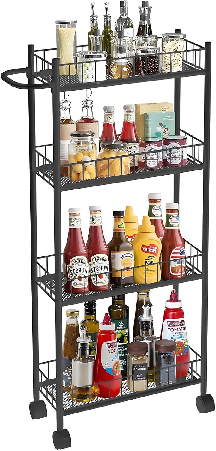 Utility Slim Storage Cart, 4-Tier Storage Cart, Narrow Cart with Handle, 7.1 Inches Deep, Metal Frame, for Kitchen, Dining Room, Living Room, Home Office, Rustic Brown and Classic (4 Tier Black)