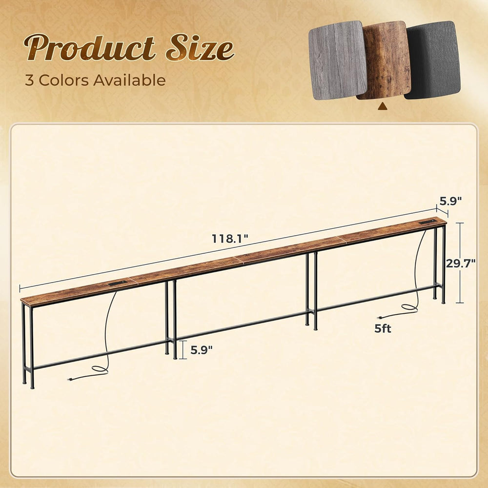 Huuger 118 Inch Sofa Table with Power Outlets, Skinny Behind Couch Table | 5....