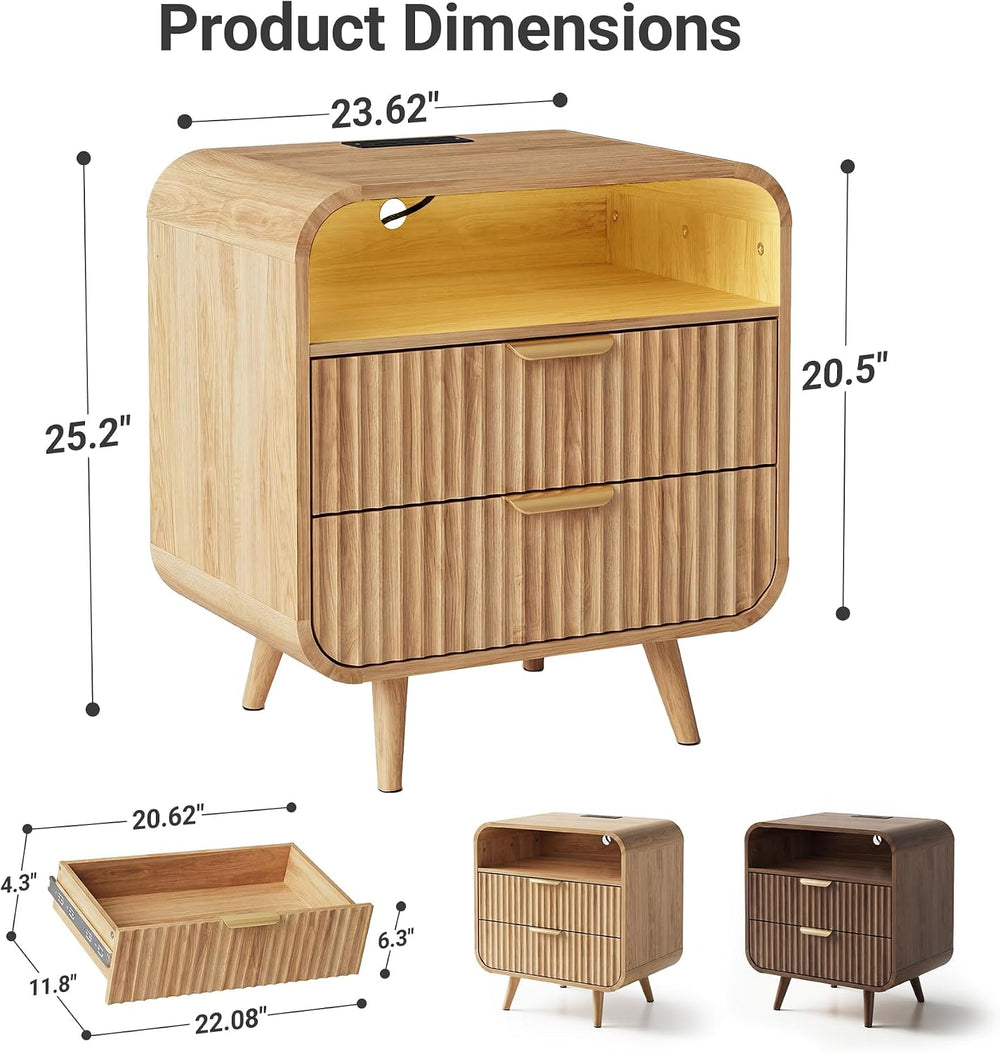 24" Curved Nightstand Set of 2,Night Stand with Charging Station & L...