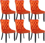Velvet Dining Chairs Set of 6, Upholstered Dining Room Chairs with Back Ring Pull Trim and Solid Wood Legs,Tufted Wingback Kitchen Chair Perfect for Dining Room,Living Room,Kitchen(Orange)