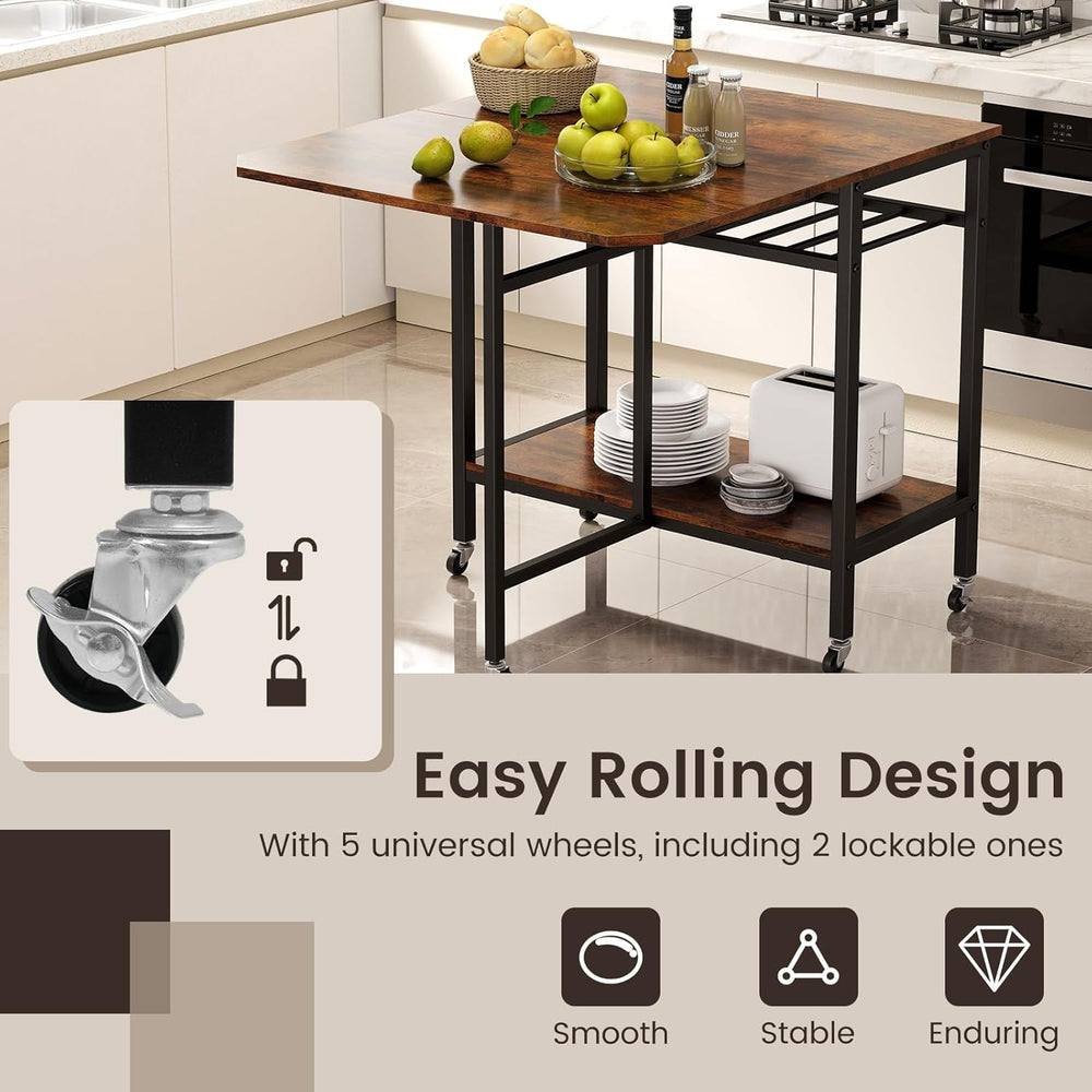 GOFLAME Folding Dining Table, Rolling Kitchen Table with Wine Rack and Storag...