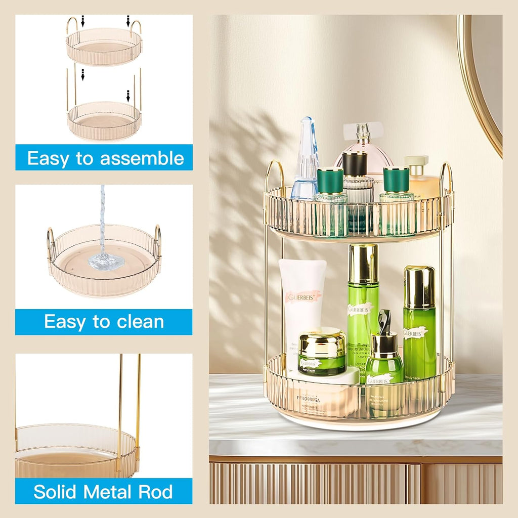 360 Rotating Makeup Organizer - Large Capacity Spinning Perfume & Cosmetic Skincare Holder for Vanity & Countertop (Vibrant Orange, 2 Tier)