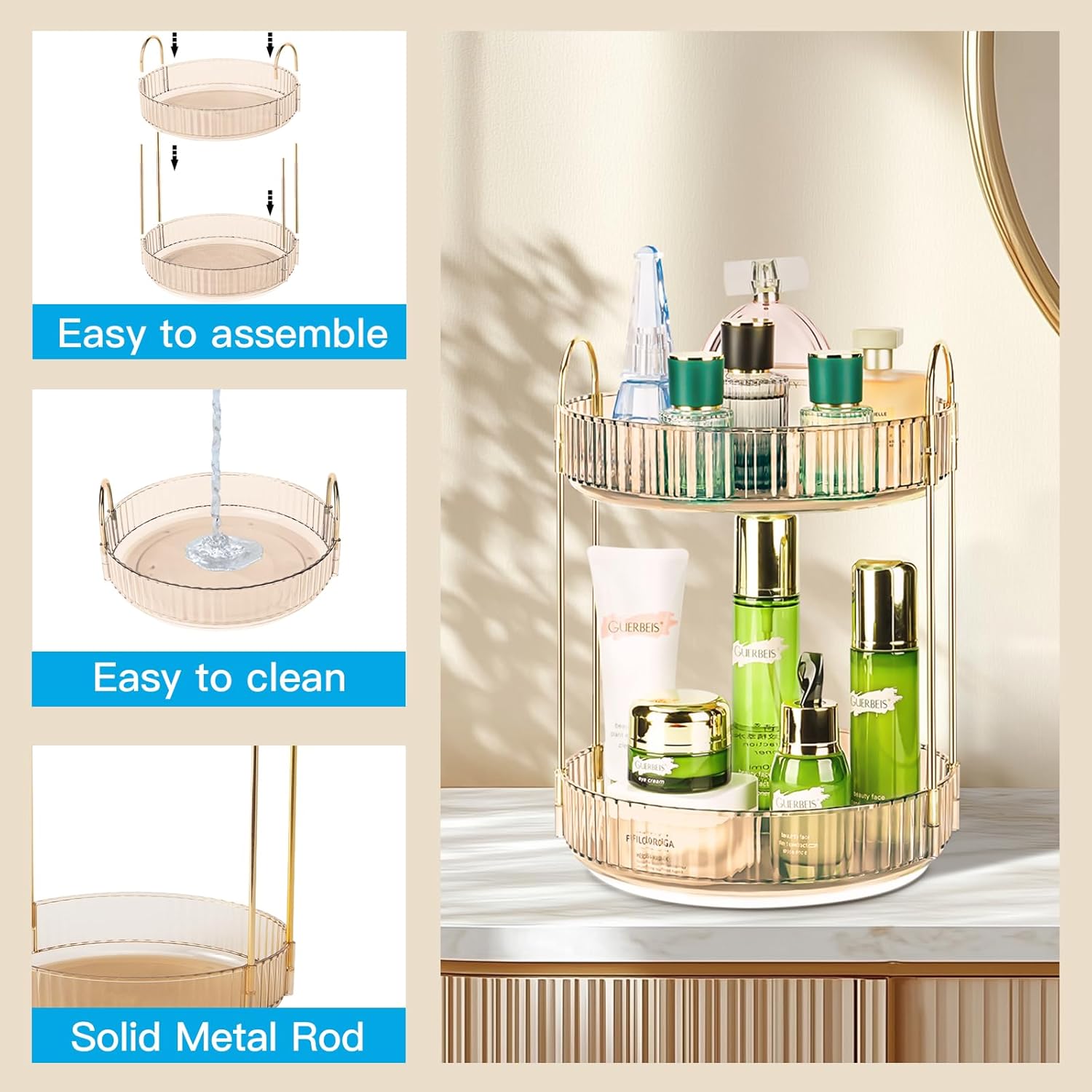 360 Rotating Makeup Organizer - Large Capacity Spinning Perfume & Cosmetic Skincare Holder for Vanity & Countertop (Vibrant Orange, 2 Tier)