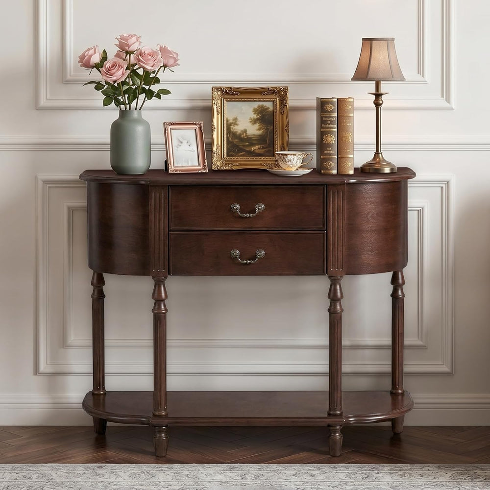 LKTART 43.3" Solid Wood Vintage Curved Console Table, Half Moon Sofa Tab...