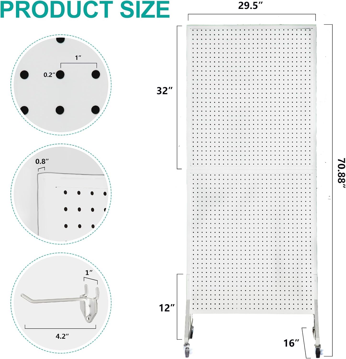 Eastern Tree 2.5'x 6' Metal Pegboard Display Stand with T-Base, Peg Board Panels Display with Casters, Standing Pegboard Display, Retail Display Stand, Extra 10 Pieces Hooks, White