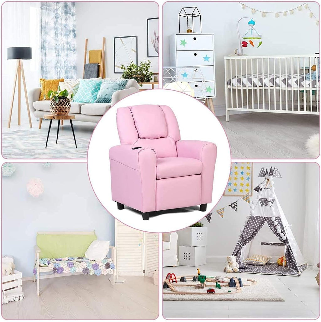 Kids Recliner chair, toddler Armchair Upholstered Couch with Cup Holder, Backrest, baby Leather sofa with Headrest and Footrest, Child Furniture for Ages 2-7(Pink)