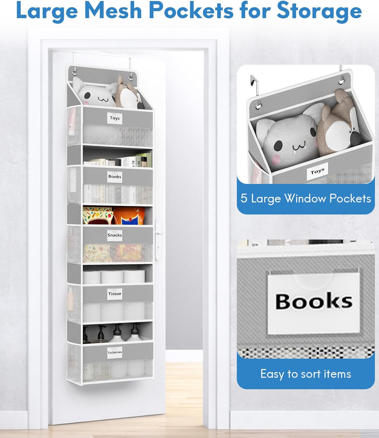 Over The Door Organizer Hanging, 2 Pack 5 Shelf Behind The Doors Storage, Pantry Door Organizer, Closet Organizers for Bedroom and Nursery (Grey)