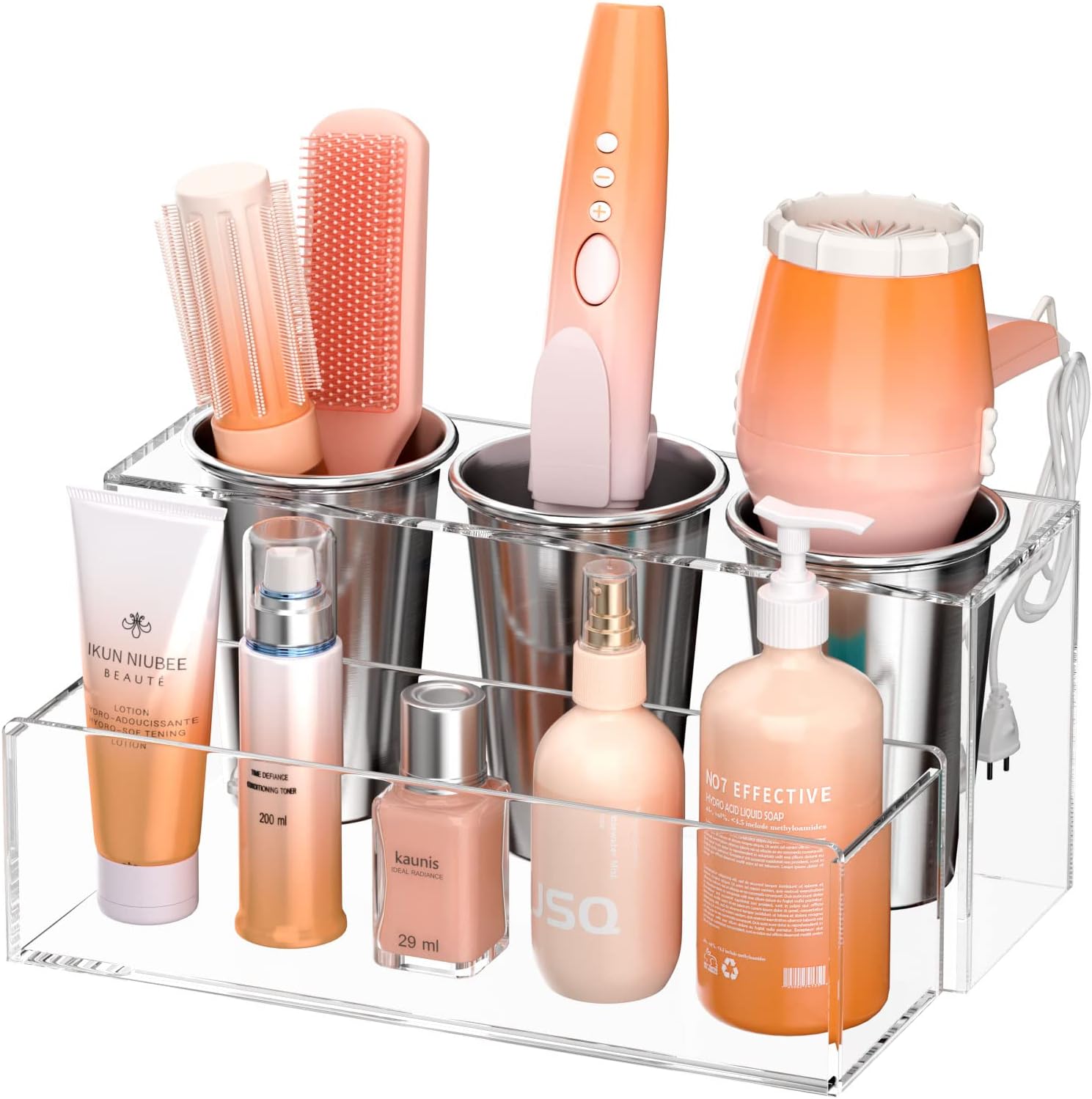 NIUBEE Hair Tool Organizer, Acrylic Hair Dryer and Styling Holder, Bathroom Countertop Blow Dryer Organizer, Vanity Storage Stand for Accessories, Makeup, Toiletries (Clear)
