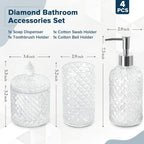 Bathroom Accessories Set, 4 Pack Clear Glass Bath Accessory Sets Complete, Diamond Soap Dispenser and Toothbrush Holder Set for Bathroom Counter Organizer Essentials, Modern Bathroom Decor