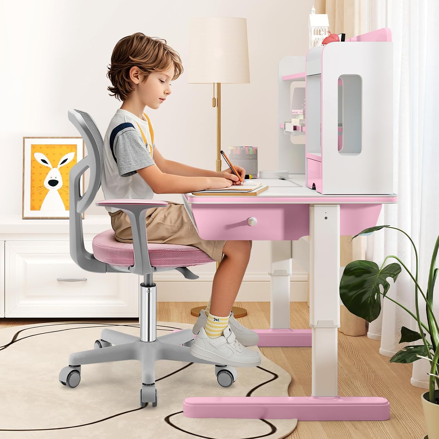 Giantex Kids Desk Chair, Ergonomic Adjustable Teen Task Chair w/Y-Shaped Lumbar Support, Armrest & Universal Wheels, Mesh Kid Office Chair for Sturdy, Kids Computer Chair for Boys & Girls 4-12, Pink