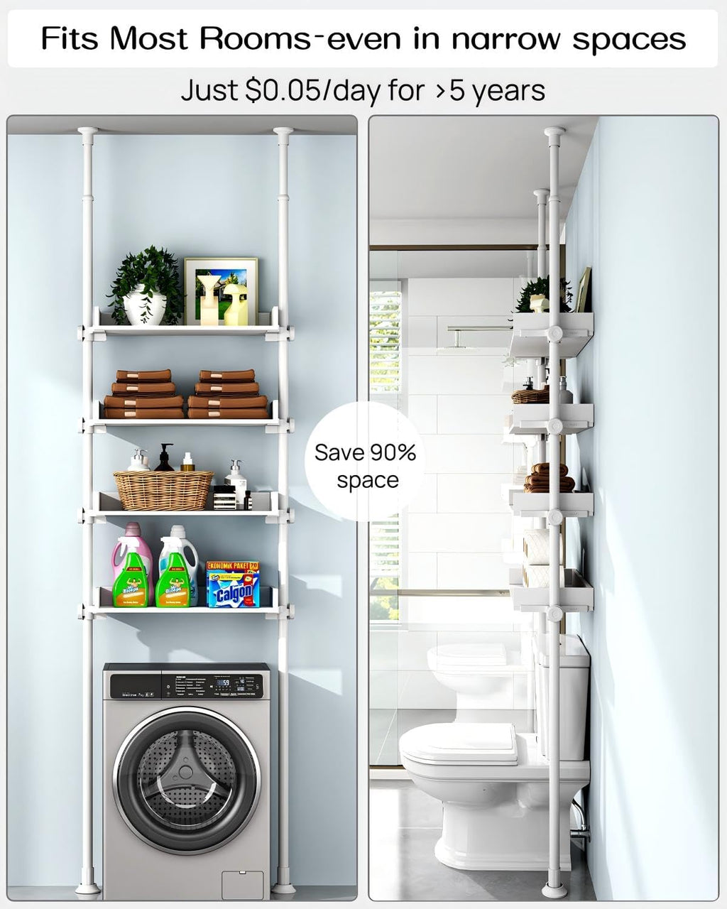 ALLZONE 4 Tier Over The Toilet Storage, Adjustable Wood Over Toilet Bathroom Organizer, Freestanding Shelves, Fit Most Showers Over The Toilet Shelf, 92 to 116 Inch Tall, White