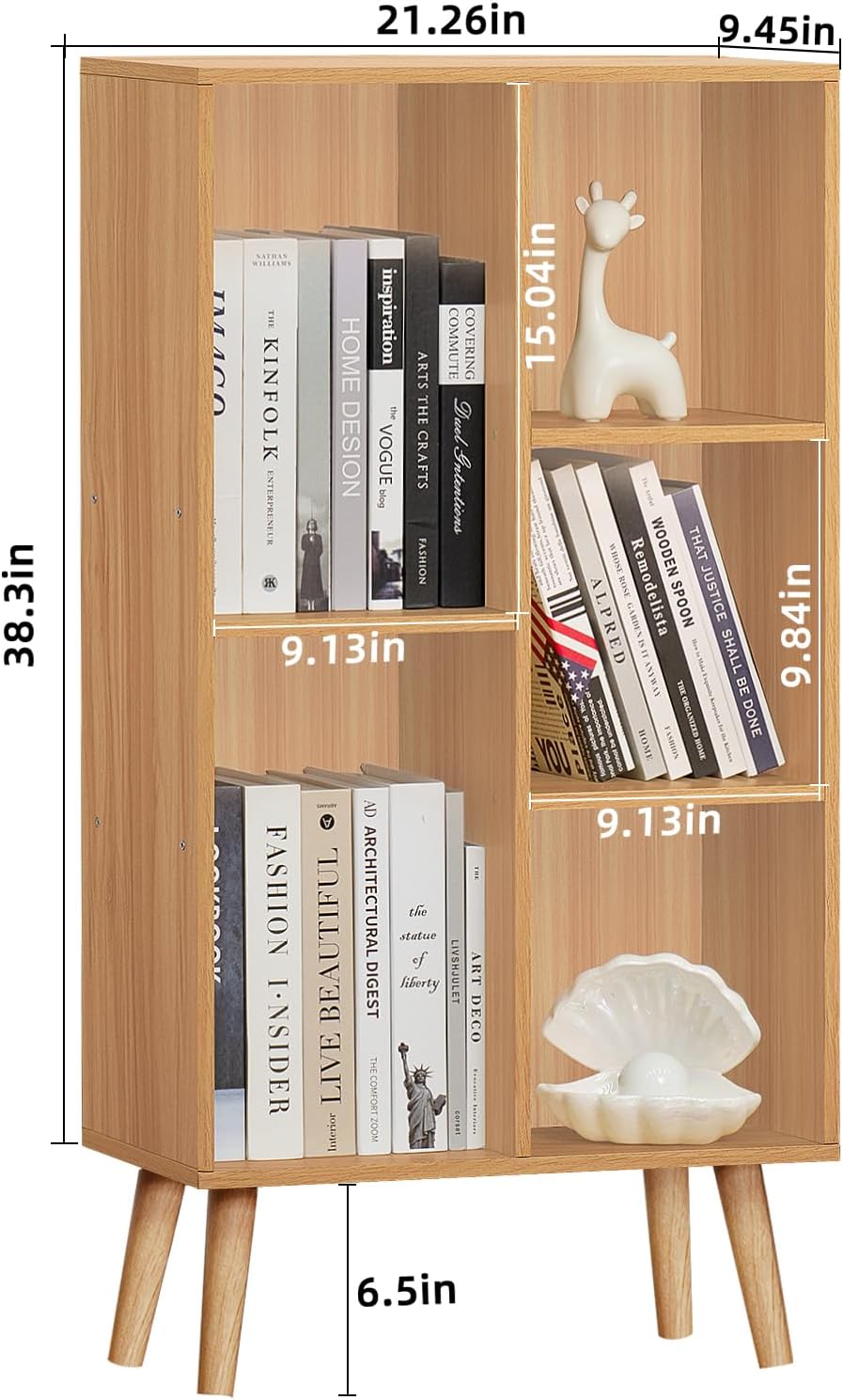 LEYAOYAO Wooden 5 Cube Bookshelf, Natural 3 Tier Book Shelf with Legs, Modern...