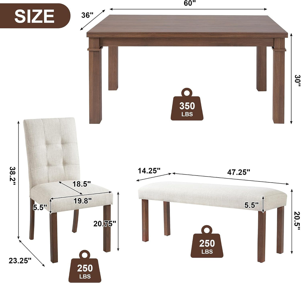 Merax 6-Piece Dining Set, Rectangle Kitchen Table with 4 Upholstered Chairs & Bench, Ideal for Dining Room and Living Room, Walnut