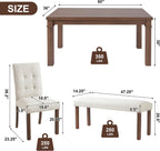 Merax 6-Piece Dining Set, Rectangle Kitchen Table with 4 Upholstered Chairs & Bench, Ideal for Dining Room and Living Room, Walnut