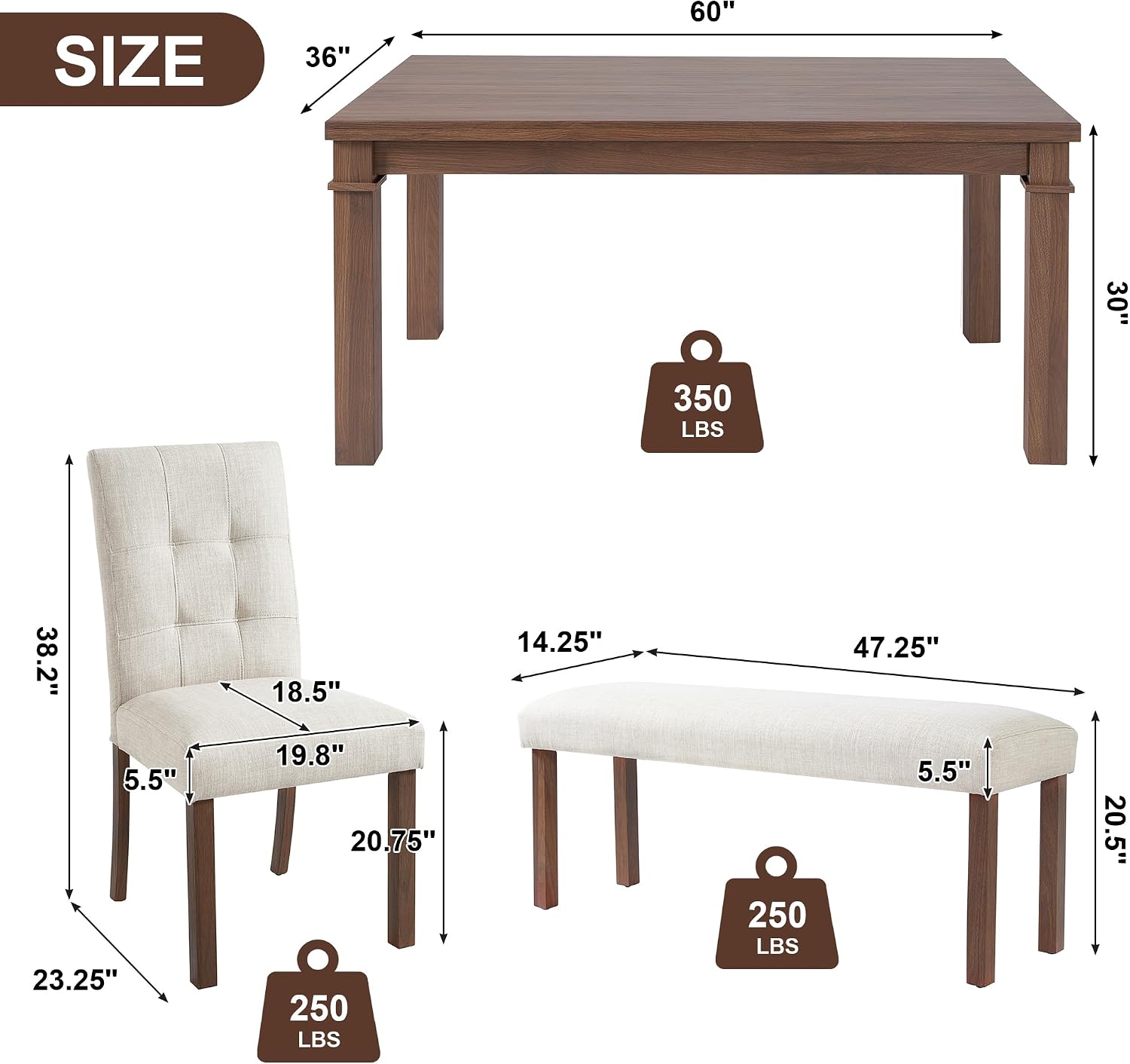 Merax 6-Piece Dining Set, Rectangle Kitchen Table with 4 Upholstered Chairs & Bench, Ideal for Dining Room and Living Room, Walnut