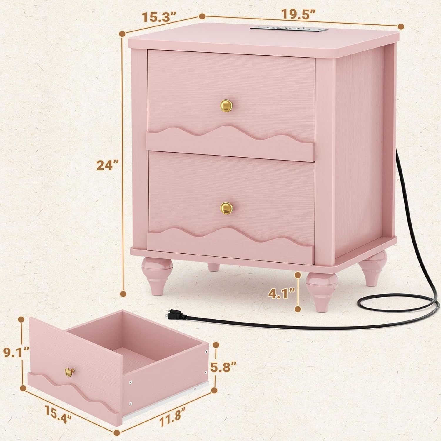 Cyclysio Nightstand Set of 2 with Charging Station, Side End Table with 2 Drawers, Modern Wood Night Stand Set 2 with Scalloped Pattern for Bedroom, Bedside Night Tables with Solid Wood Gourd Legs
