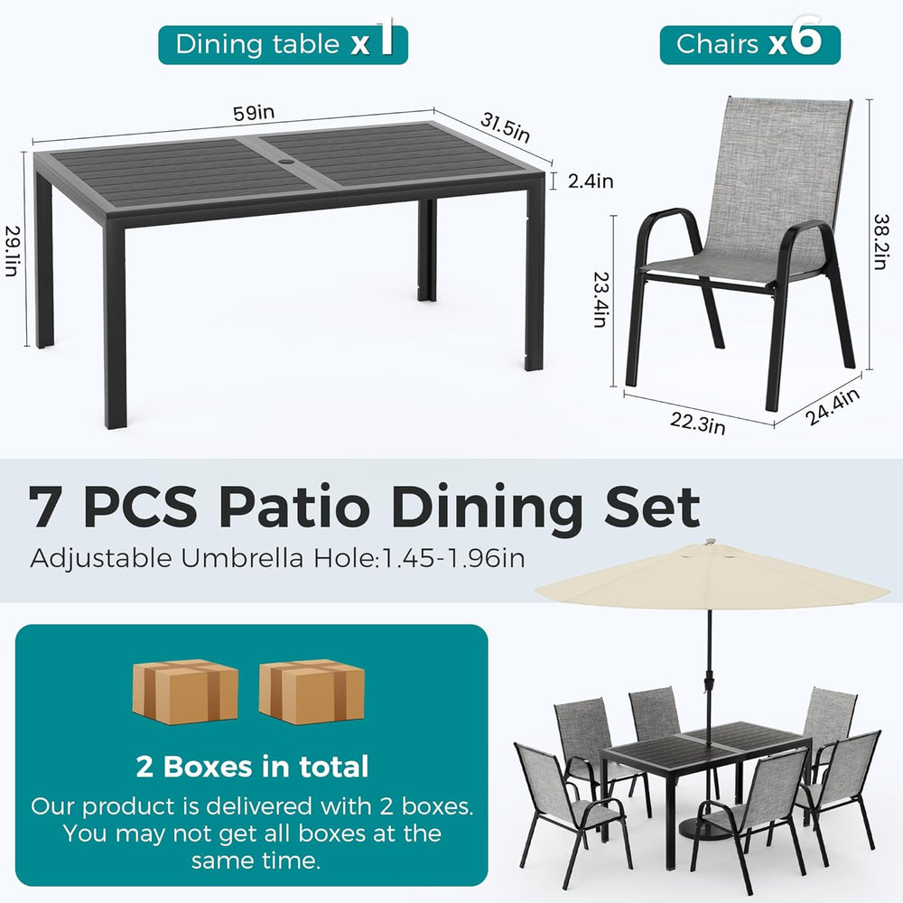 Pamapic Outdoor Dining Sets for 6, Rectangular Steel Slat Table with 6 Textil...