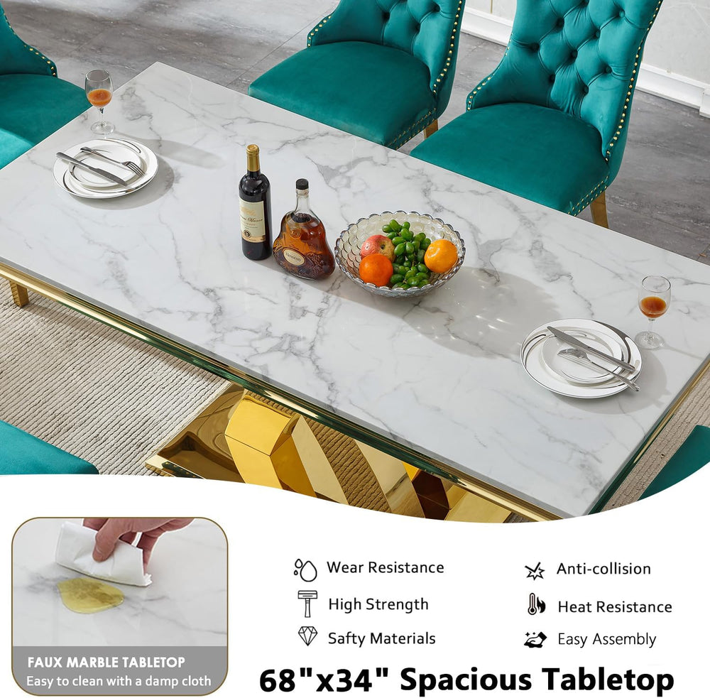 Modern Marble Dining Table for 6-8, 68" Faux Marble Kitchen Table with G...