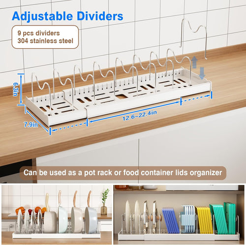 2 Pack Pots and Pans Organizer Under Cabinet, 22" Expandable Food Storage Container Lid Organizers with 9 Adjustable Dividers Pot and Pan Lid Holders Rack Inside Cabinet/Countertop(White)