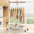 EAGMAK Heavy Duty Clothes Rack Load 420 LBS, 47.2" Long Rolling Garment Rack with Lockable Wheels, Standing Metal Clothing Hanger, Portable Wardrobe Sturdy Coat Organizer for Hanging Clothes (White)