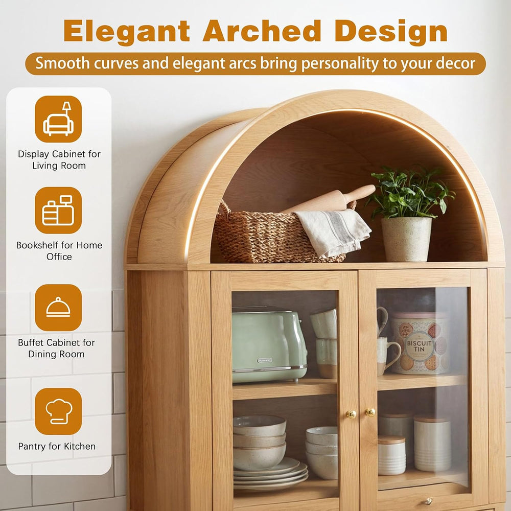 71" Fluted Tall Arched Pantry Cabinet with Glass Doors,Hutch Cabinet wit...