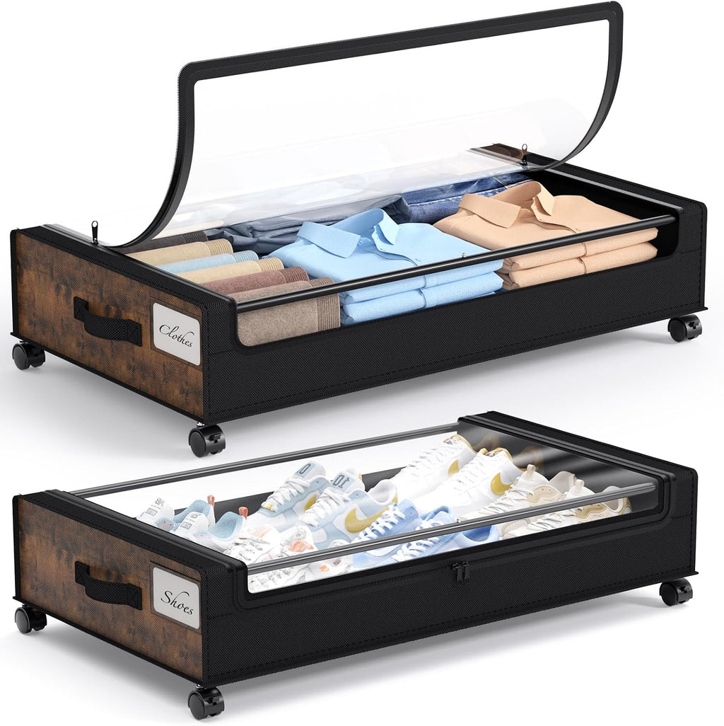 Yecaye Under Bed Storage with Wheels, 2Pack Under Bed Storage Containers, Underbed Shoe Storage Organizer, Rolling Under Bed Metal Drawers for Clothes, Blankets, Brown
