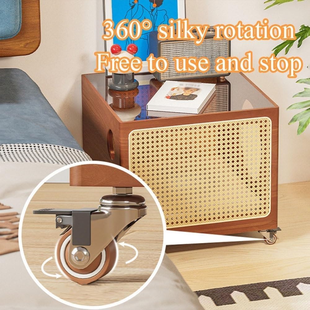 Bedside Table with Cat Condo Movable Side Table Wood and Handcrafted Rattan C...