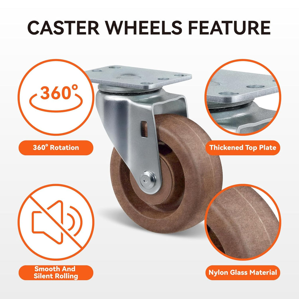 4" Hi-Temp Glass FiIled Nylon Casters, Heavy Duty Casters Set of 4, Industrial Caster Wheels for Commercial Kitchen, Bakery - 2400 lbs Capacity(4 Swivel)