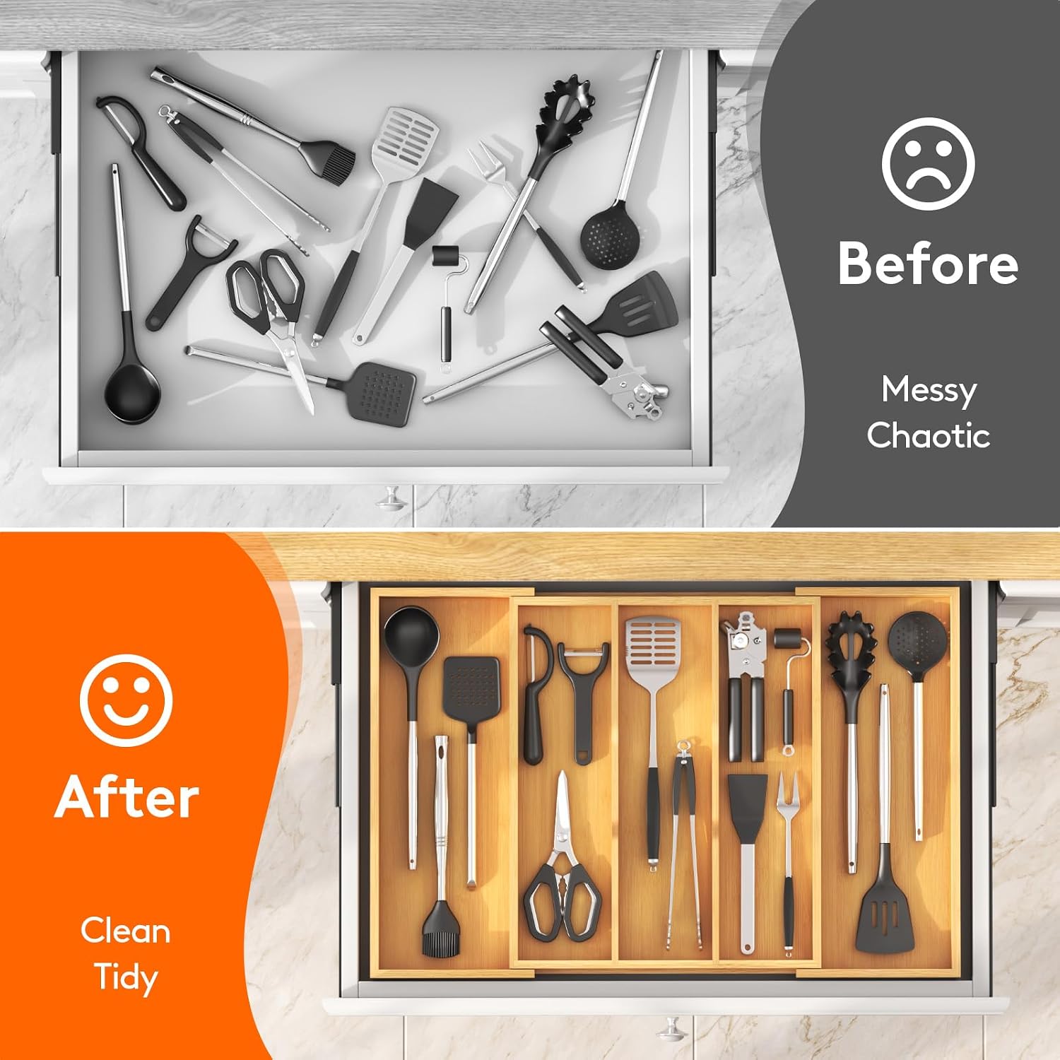 Lifewit Utensil Organizer for Kitchen Drawer, Expandable Cooking Utensil Tray, Cutlery Silverware Flatware Holder, Wood Adjustable Spatula Tools Storage Divider, 15.6-28 x 18.5, Natural