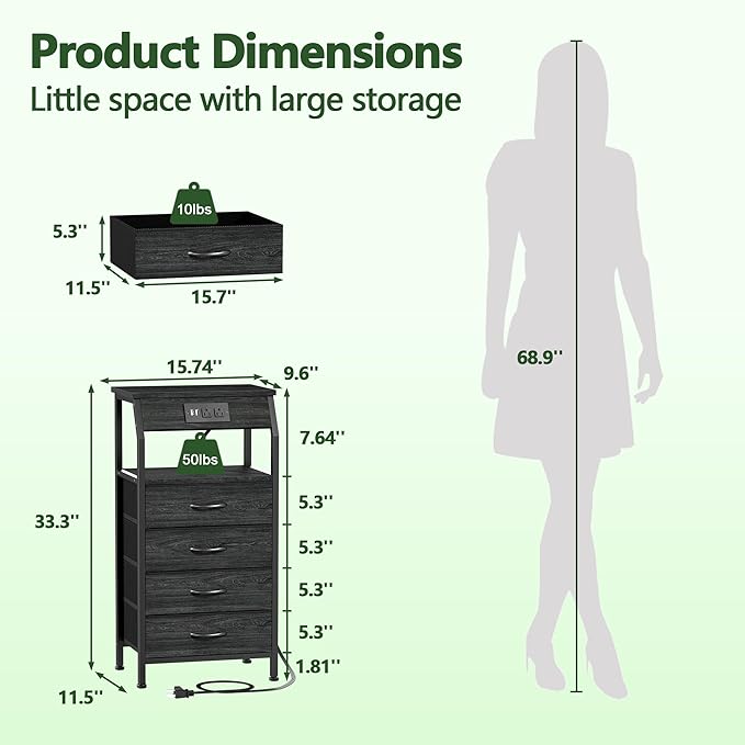 Furnulem Night Stand with Charging Station, 4 Drawer Dresser with Storage She...