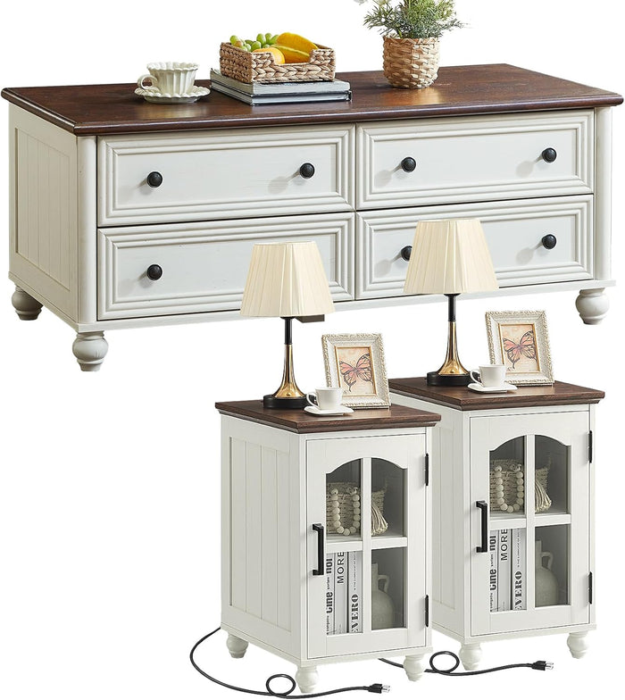 RWYHG Farmhouse Coffee and end Tables 3-Piece Set,Wood 48" Center Table with 4 Drawers,Large Sofa Side Table with Charging Station & with Glass Barn Door Storage for Home Living Room Hallway,White