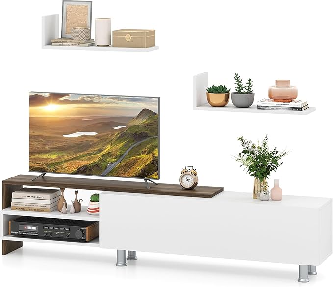 Tangkula White TV Stand with 2 Wall Shelves, Modern Entertainment Center for TVs up to 80 Inches, TV Cabinet with 2 Storage Compartments and Cabinet, Media Console Table for Living Room (White, 3 pcs)