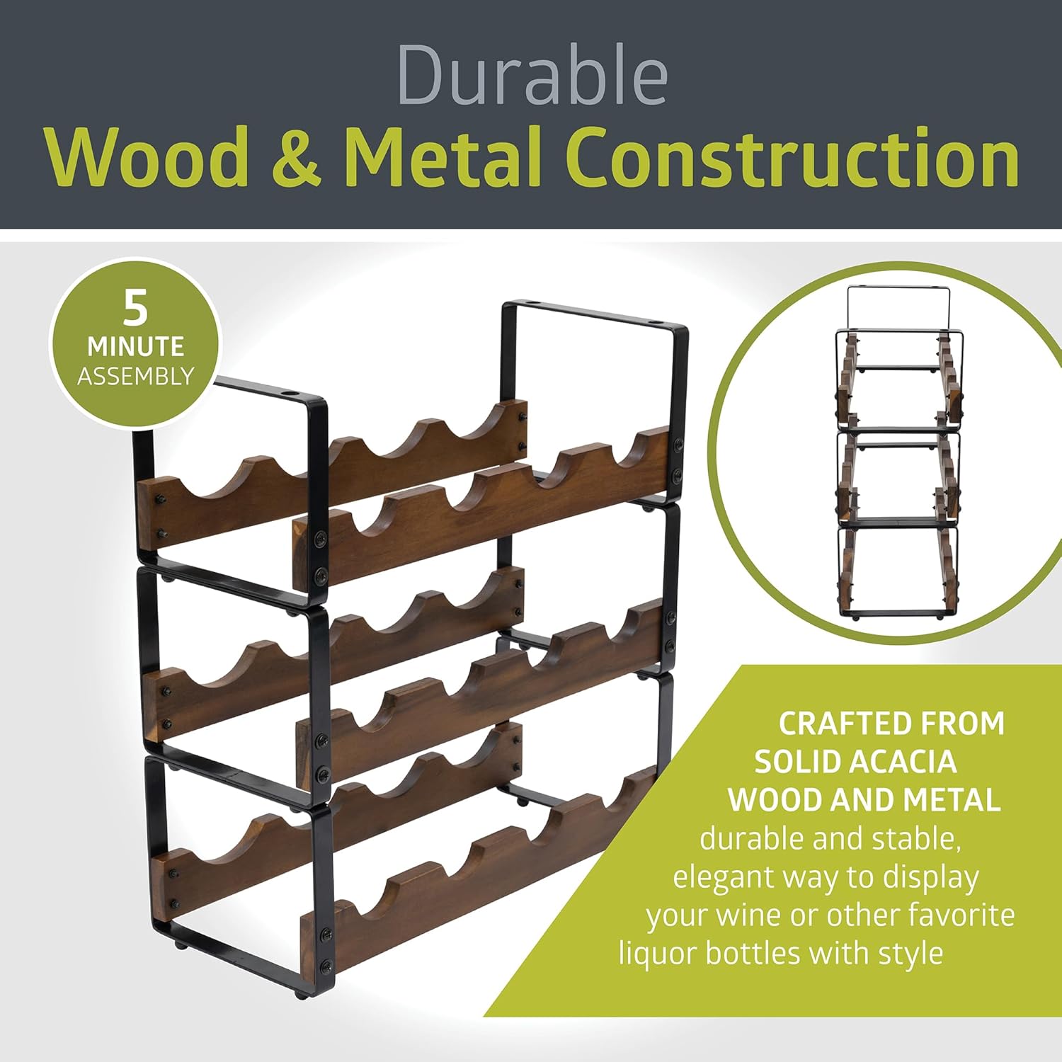 Pearington 12 Bottle Stackable Wine Rack, Rustic 3-Tier Solid Acacia Wood and Iron Wine Bottle Holder, Free Standing Countertop Liquor Display Shelf, 17" x 7.2" x 16.5"