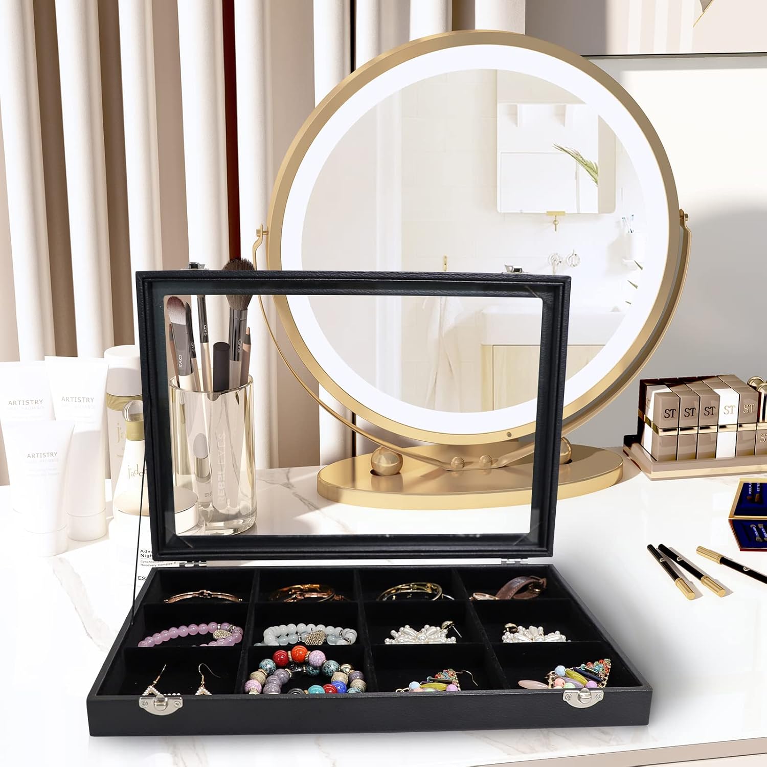 Wudygirl Jewelry Tray 12 Grid Jewelry Organizer with Clear Lid Bracelet Holder Organizer Display Case Removable, Black Velvet (12 Grid)