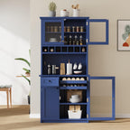 74.8 Inch Tall Farmhouse Freestanding Buffet with Hutch, Tall Kitchen Pantry Cabinet, Dining Room Storage Cupboard with Wine Rack and Adjustable Shelves for Dining Room, Living Room,Blue