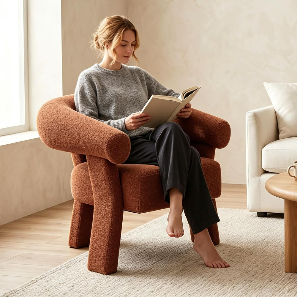 ANJ Modern Chenille Accent Chair, Barrel Armchair with Solid Wood Legs & ...