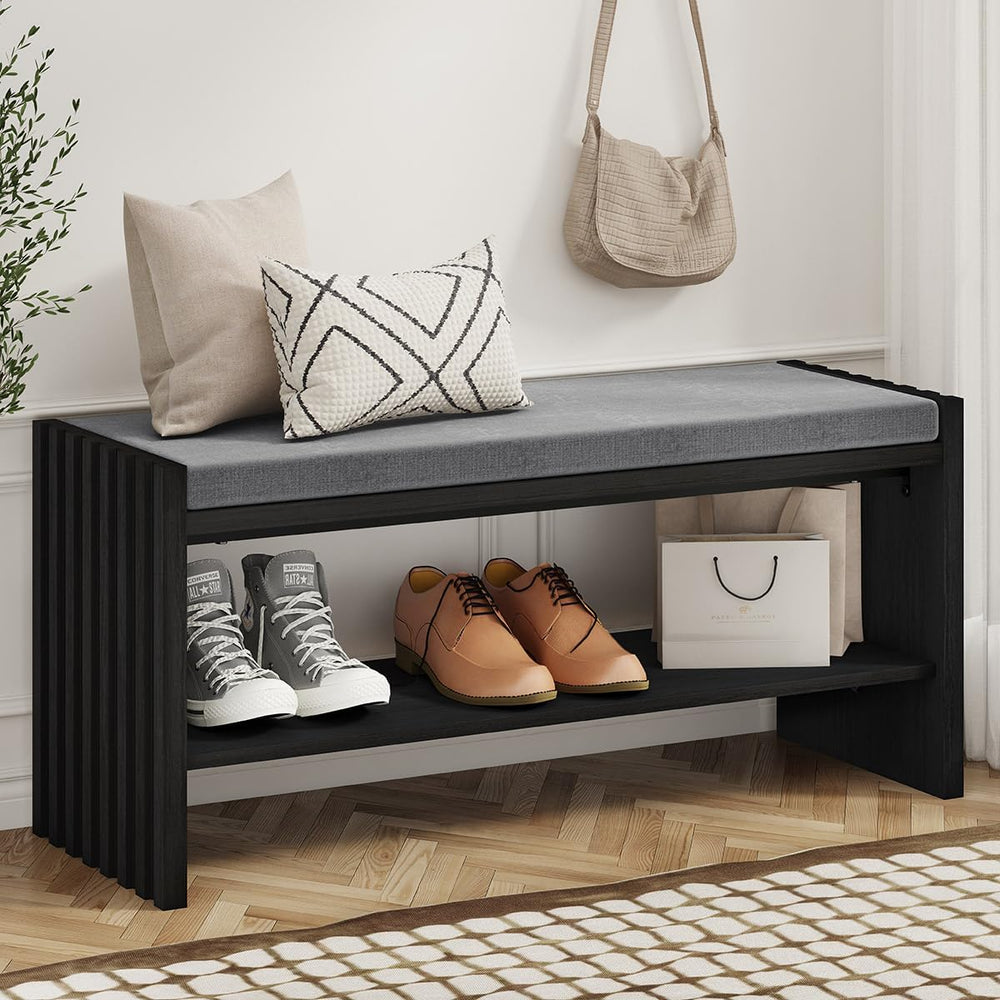 BON AUGURE 40" Entryway Shoe Bench with Storage & Cushion, Modern Fl...
